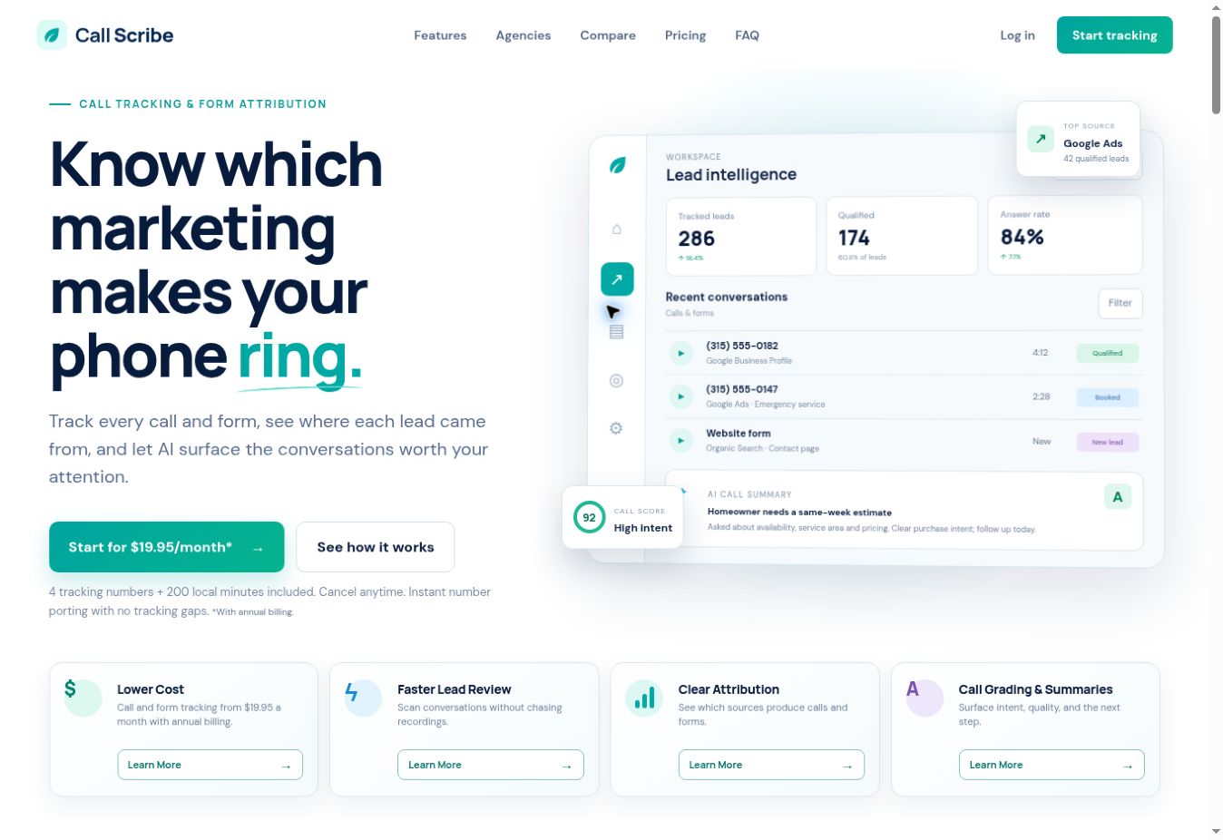 Call Scribe call and form tracking website homepage