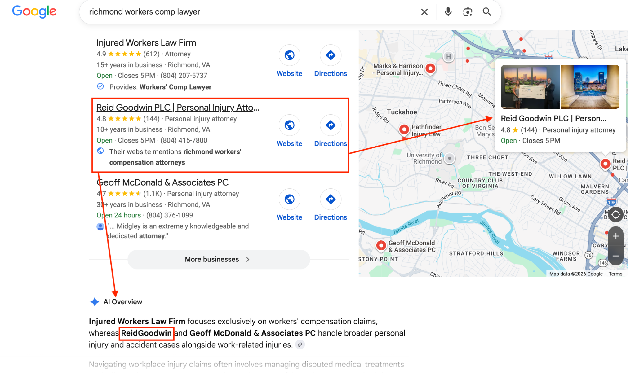 Live Google search results showing ReidGoodwin prominently in Richmond workers compensation search results